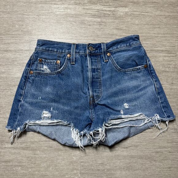 Levi's 501 Premium Denim Shorts Women's 25 Distressed Medium Wash Button Fly - Picture 1 of 8